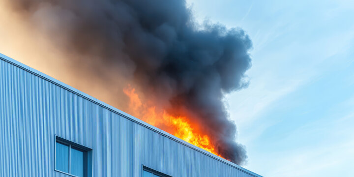 Fire at a manufacturing facility. Exterior of a warehouse or factory with black smoke from the flames. Responsibility for fire safety in the manufacturing industry.