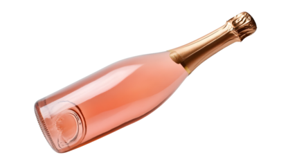 Rose wine bottle with golden cap floating on a transparent background, perfect for advertising and mockups