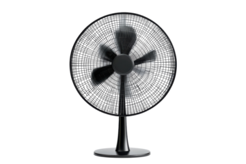A sleek black standing fan quietly cools a bright, minimalist room during a hot summer afternoon isolated on transparent background
