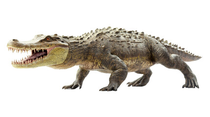 Naklejka premium Powerful 3D alligator rendering, walking confidently with predatory stance, transparent backdrop showcasing reptilian detail and strength
