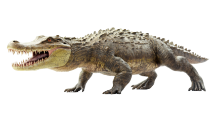 Powerful 3D alligator rendering, walking confidently with predatory stance, transparent backdrop showcasing reptilian detail and strength