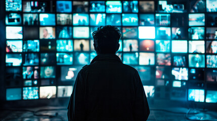 Male silhouette watching multiple tv screens in a dark room