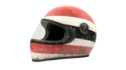 Close-up of a used motorcycle helmet with a transparent visor, showing signs of wear and tear, isolated on a transparent background