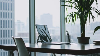 A sleek, modern workspace with a minimalist desk, ergonomic chair, laptop, and natural light streaming through a large window.