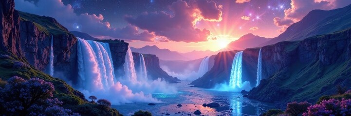 Naklejka premium Celestial landscape with shimmering holographic waterfalls and sparkling starlight, waterfalls, shimmering, celestial
