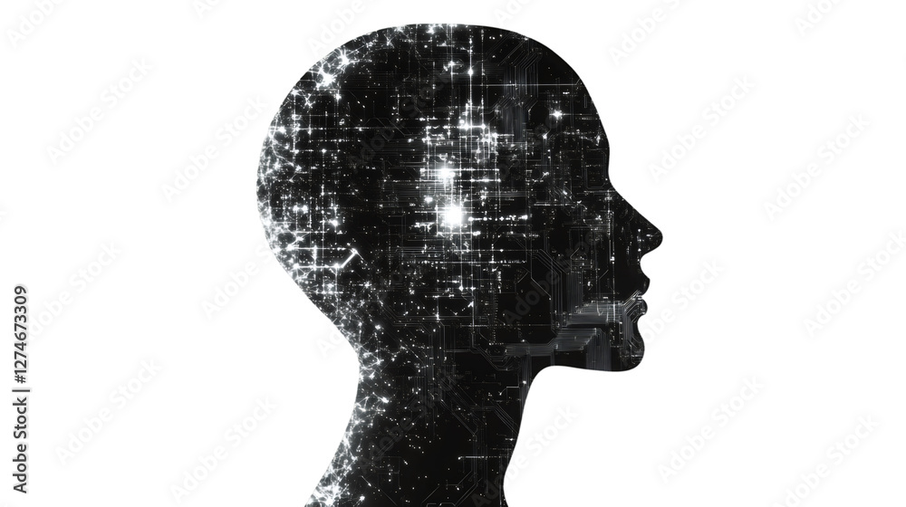 Aufkleber human head silhouette filled with electronic circuits and glowing lines, representing artificial int