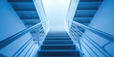 Naklejka premium Modern empty Stairwell fire escape in a modern building. Stairs inside a multi-storey new building for fire evacuation, safety.