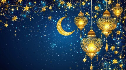 Fototapeta premium Golden lanterns, crescent moon, stars, night sky; Ramadan greeting card