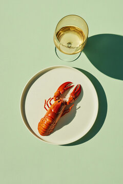 Lobster on white plate paired with wine on a green table
