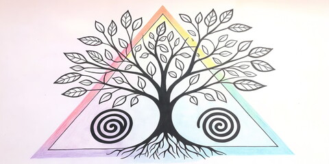 Minimalist Tree of Life Tattoo Design with Spiral Roots and Colorful Geometric Triangle Frame