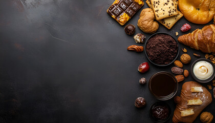 Assortment of Unhealthy Food, top view, copy space. Unhealthy eating, junk food concept