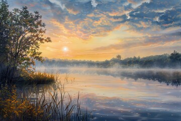 Fototapeta premium Breathtaking sunset view over a tranquil lake with a wooden bench beneath a sprawling tree in a serene landscape