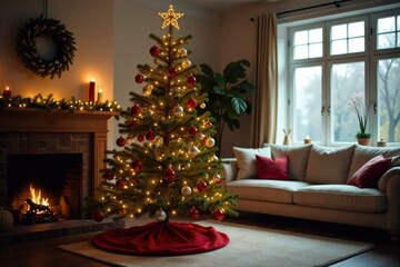 Christmas tree with ornaments and lights in a cozy living room, christmas tree, christmas ambiance, ornaments