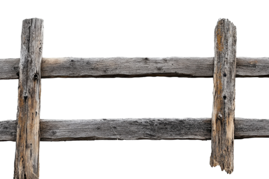 Rustic wooden fence standing tall against a minimalist backdrop of soft grass and open sky isolated on transparent background