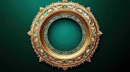 Ornate gold frame with emeralds, dark green background; design template