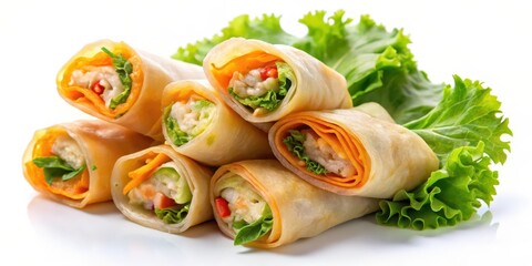 Rolled Pancakes with Vegetables on White Background