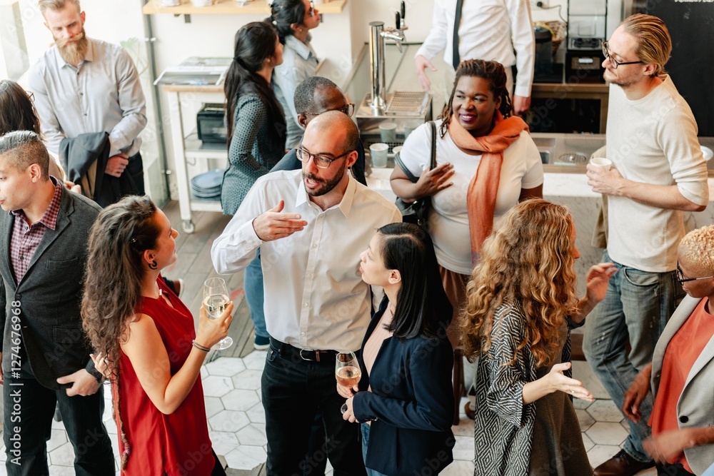 Aufkleber diverse group of people at social event, mingling and chatting. diverse crowd enjoy drinks and conve