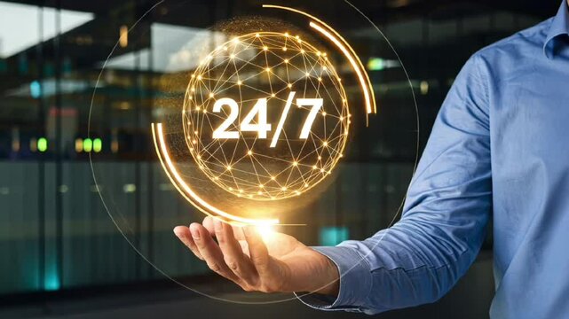 Glowing 24/7 digital clock hologram in hand representing non stop service customer support and online business availability