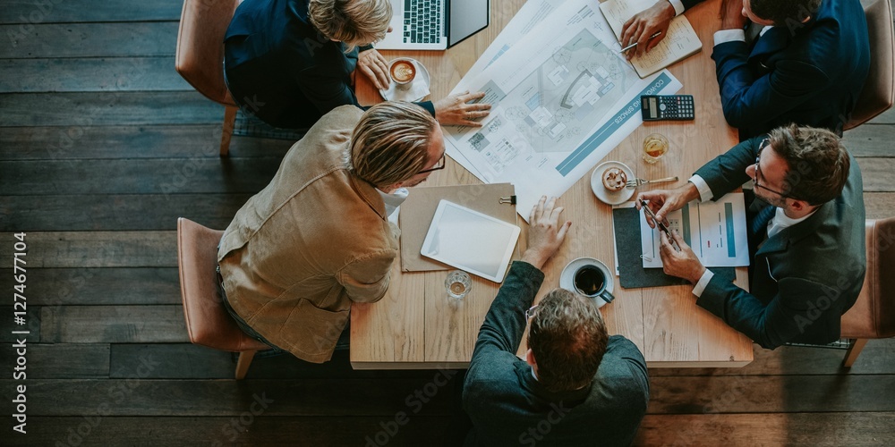 Poster top view of diverse group in meeting. business meeting with laptops. teamwork and collaboration in a