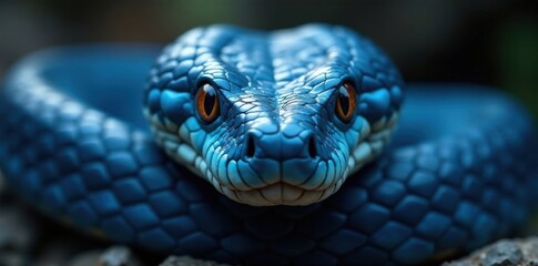 Close-up image of blue viper snake's facial features with piercing gaze, nature, blue viper snake, reptile