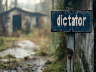 Rusty metal sign with the word 'dictator' in focus, set against a blurred atmospheric backdrop of overgrown grass and old buildings in a mysterious landscape