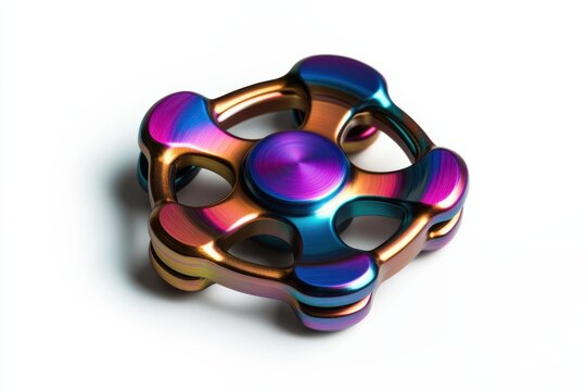 Colorful metallic fidget spinner resting on a white table under soft lighting isolated on transparent background - Powered by Adobe