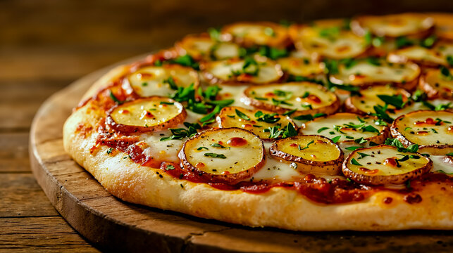 A pizza topped with potatoes and cheese on a wooden cutting board