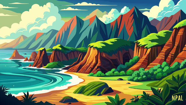 Hawaii Kauai mountains nature travel landscape. Na Pali coast, Kauai, Hawaii of Napali coastline in Kauai island, Hawaii, USA. Panorama banner copy space on mountains
