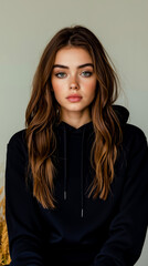 Obraz premium A woman in a black hoodie sitting on a chair
