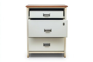 A vintage three-drawer nightstand with a wooden top in a minimalist setting isolated on transparent background
