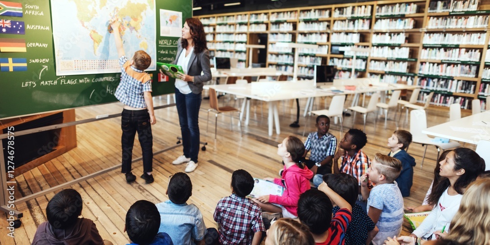 Poster diverse group of children in a library classroom. teacher stands by borad with world map teaching ge