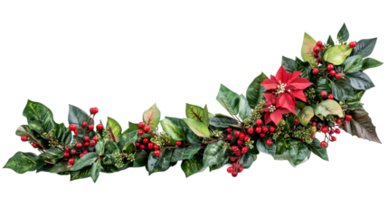 Christmas garland featuring poinsettia, festive berries, and lush green leaves, resting on transparent background, highlighting seasonal decorative elegance