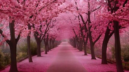 A park or garden where the cherry trees are in full bloom