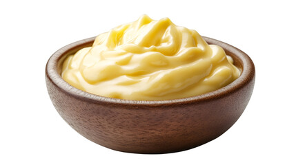 Ceramic bowl holding creamy mayonnaise, displaying silky white texture with clean transparent backdrop, highlighting smooth condiment surface