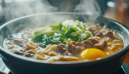 Fresh steaming beef ramen noodle soup serving with egg and pak choi, close up.