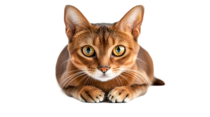 Cute abyssinian cat lying down and gazing forward, showcasing its adorable features on a transparent background