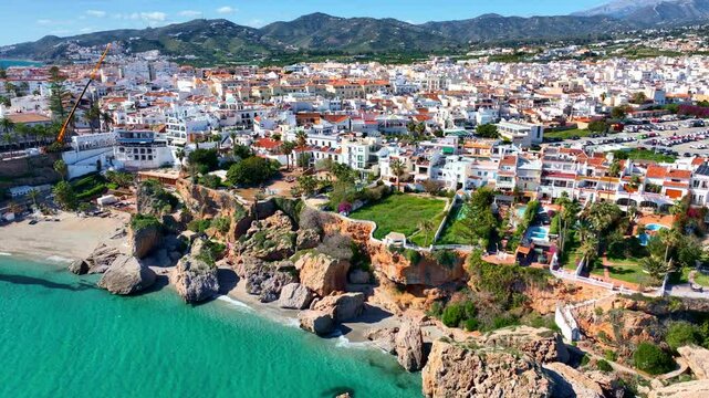 resort in southern Spain on the Mediterranean coast in Malaga, Nerja seaside town in Spain, luxury summer tourist destination 