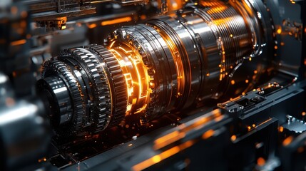 Close-up of futuristic glowing machine components with intricate gear mechanism