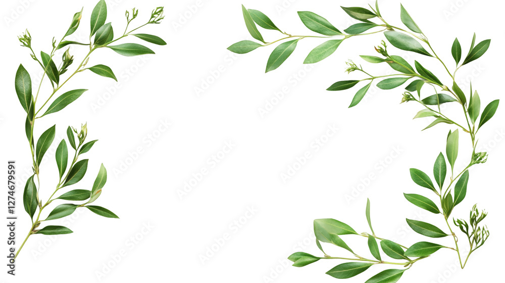 Poster corner frame made of green branches with leaves on a transparent background, perfect for adding a na