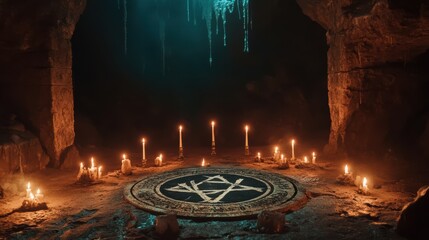 In a dark cave, illuminated by flickering candlelight, a ritual circle is formed with various candles surrounding a star symbol on the ground. The atmosphere feels mystical and eerie
