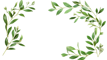 Corner frame made of green branches with leaves on a transparent background, perfect for adding a natural touch to designs