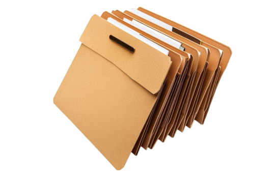 Organized collection of brown file folders stacked neatly on a table in a bright office setting isolated on transparent background