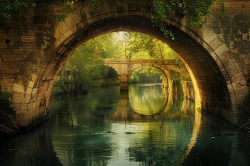 Naklejka premium Couple embracing under a stone bridge at sunset, surrounded by serene river and lush greenery in a romantic setting
