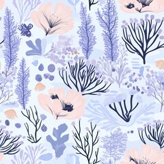 A captivating arrangement of delicate flowers and leafy plants in shades of blue, lavender, and peach emerges on a light backdrop, creating an artistic and serene atmosphere