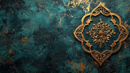 Gold ornate design on teal textured background;  greeting card, website banner