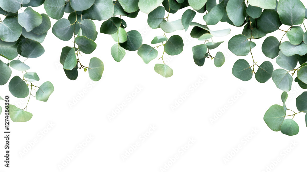 Poster verdant eucalyptus branches trailing softly, delicate green foliage cascading against pristine white