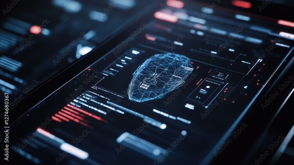 Poster futuristic head up display is showing face recognition and cyber security data analysis, processing 
