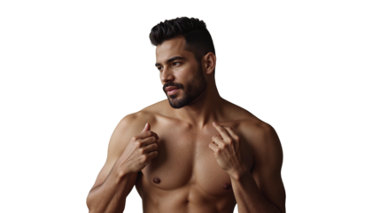 Confident handsome Indian man posing shirtless against transparent background