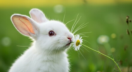 A cute bunny with soft fur nibbling on a chamomile flower, adding a touch of charm to pet wallpapers.