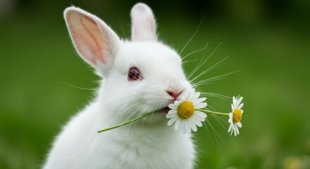Obraz premium A charming little rabbit with a chamomile flower in its mouth, making for a perfect pet wallpaper.